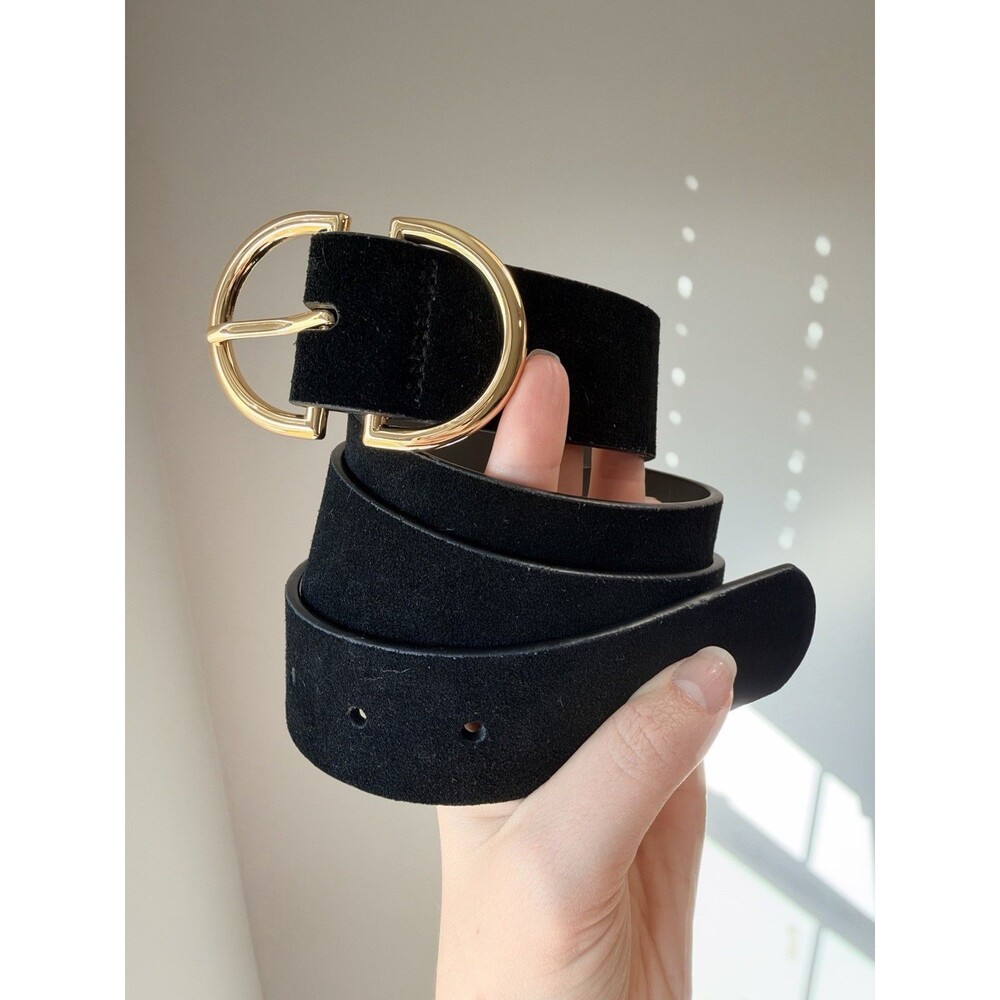 J.Crew Womens Medium NWOT Black Suede Leather Belt Gold Oval Horseshoe Buckle
